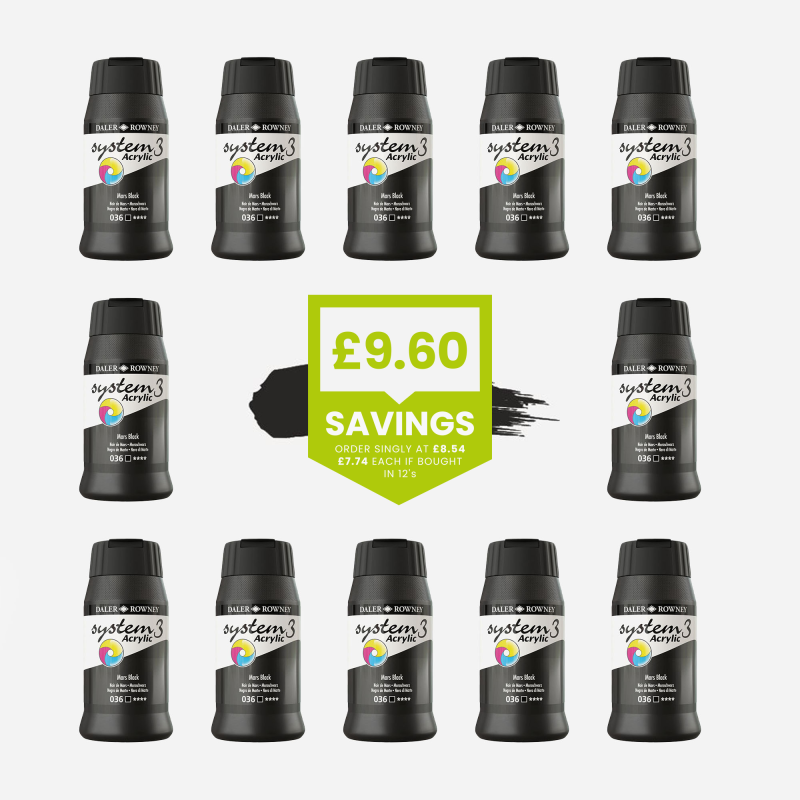 DALER ROWNEY SYSTEM 3 ACRYLIC 500ml MARS BLACK – BULK PACK OF 12